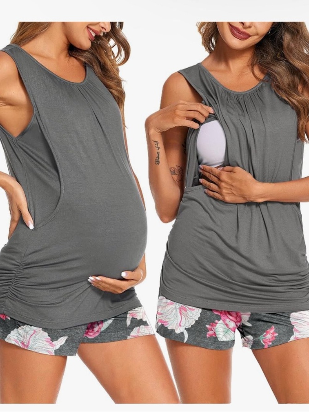 Ekouaer Gray Maternity & Nursing Pajama